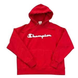 Champion Reverse Weave Cherry Red Heavy Embroidered Hoodie 82% Cotton Large